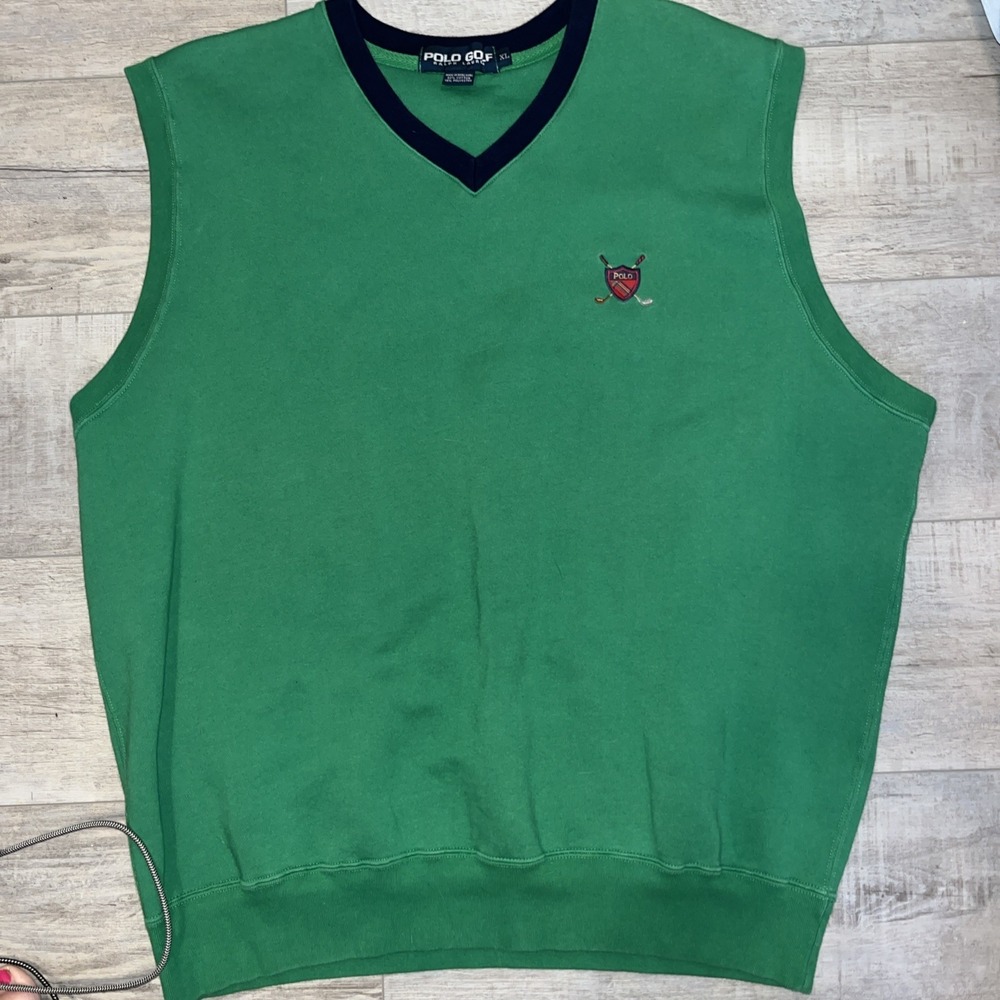 VTG 80s Polo Ralph Lauren Cotton Sweater Vest Mens Large Gree Knit Red Polo Golf